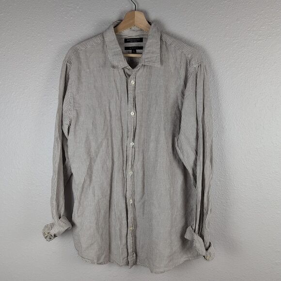 Banana Republic Mens Linen Cotton Shirt Size XL Brown Striped Untucked Slim 163 - Picture 1 of 5